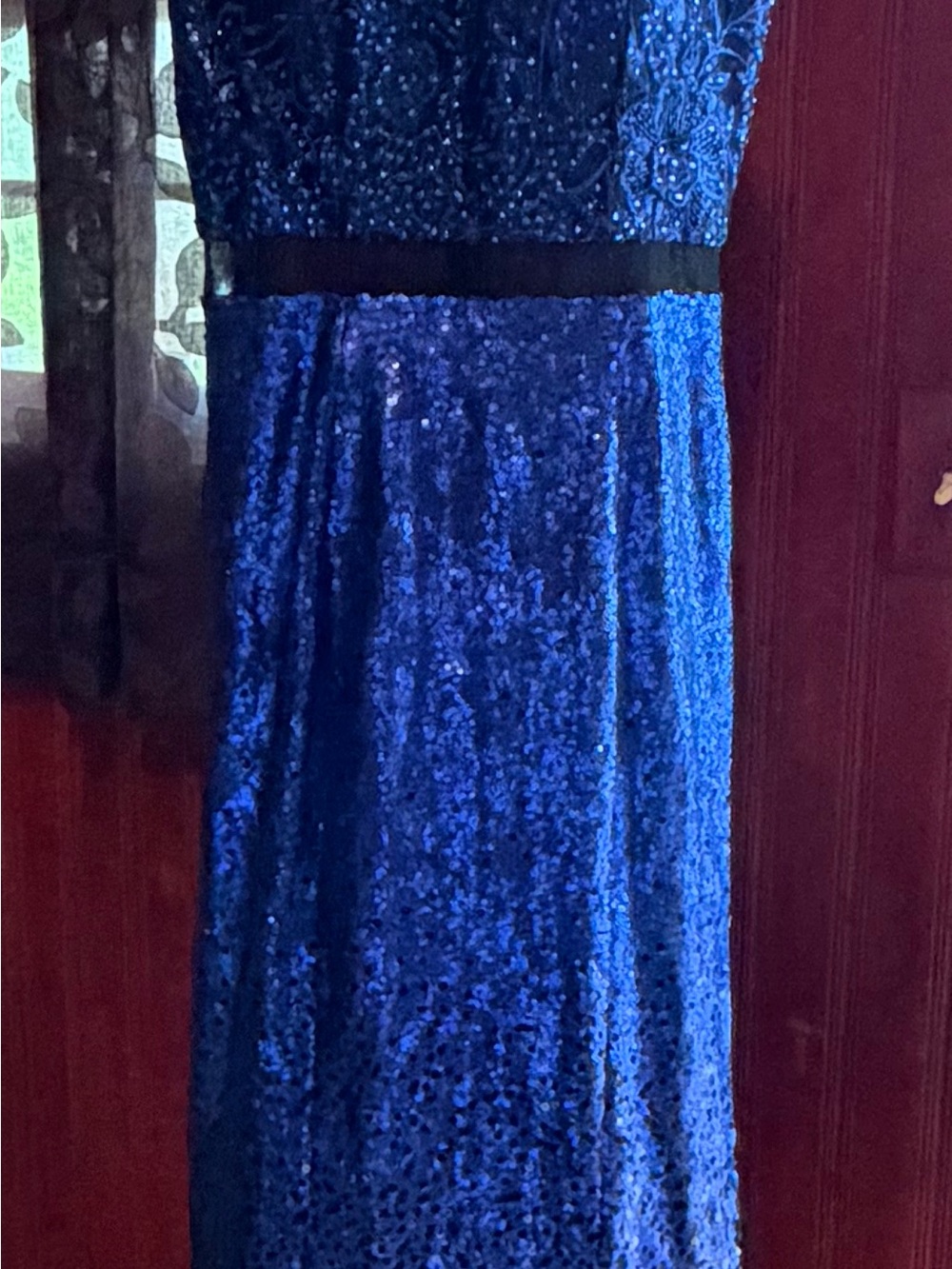 Sequin Prom Gown in Deep Blue with Beaded Bodice